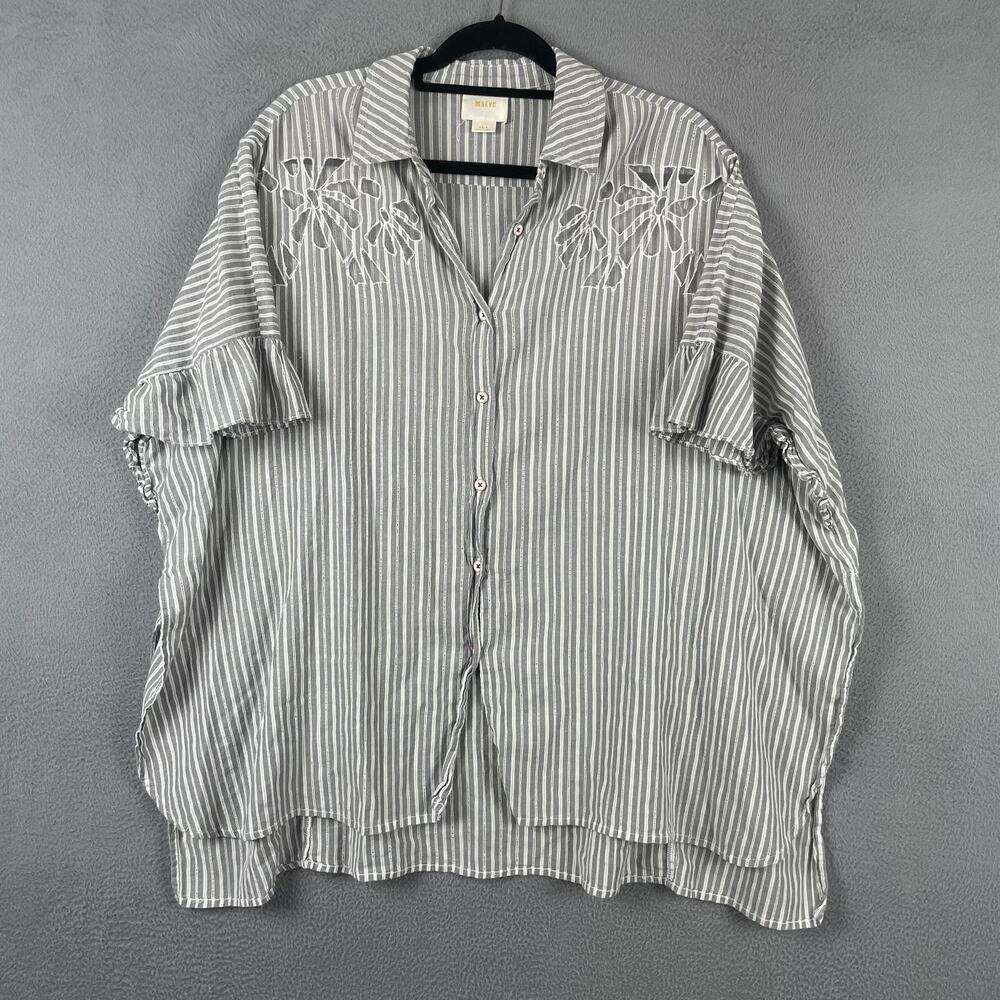 Maeve Button-Up Tunic Womens XS/S Gray Striped Kimono Flutter Sleeve Oversized
